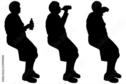 Vector illustration three silhouettes of older women with a bottle with a drink in their hands. Senior citizen on vacation. Lunch break. Tired grandmother. Thirst. Quenching thirst. Tourist on a halt.