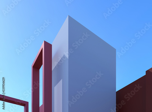 Architecture construction against blue sky. Red rectangular arches, gray cubes. Architectural composition for promotion goods, brands. Copy space for exhibition. 3d render illustration