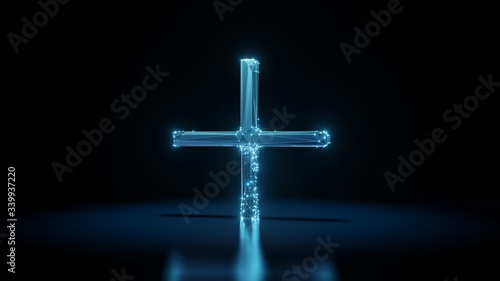 3d rendering wireframe neon glowing plus symbol on black background with reflection
