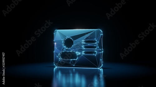 3d rendering wireframe neon glowing symbol of address card on black background with reflection
