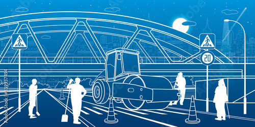 Road repair under the railroad bridge. Service highway. Modern night town. Outline Urban scene. Industrial transport illustration. White lines on blue background. Vector design art
