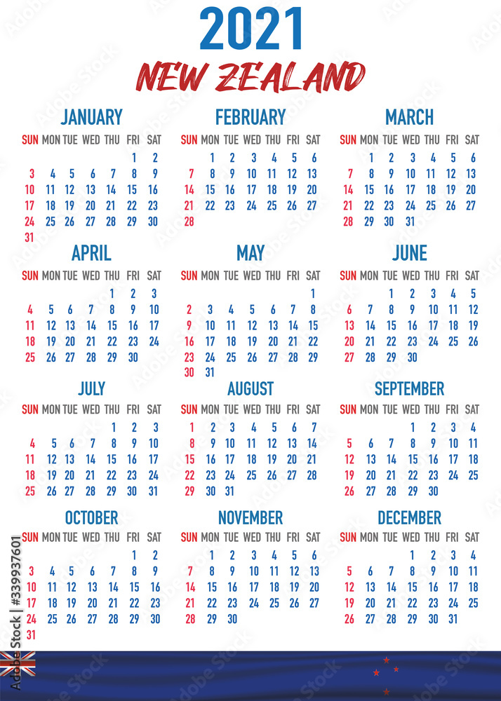 New Zealand Calendar with flag. Month, day, week. Simply flat design. Vector illustration background for desktop, business, reminder, planner New Zealand Calendar with flag. Month, day, week. Simply flat design. Vector illustration background for desktop, business, reminder, planner