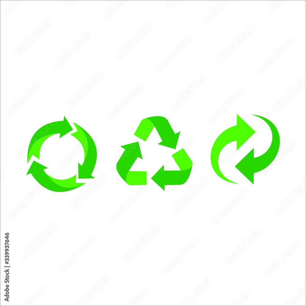 Recycled cycle arrows icon set. Recycled eco icon. Vector illustration. Isolated on white background Recycled cycle arrows icon set. Recycled eco icon. Vector illustration. Isolated on white background