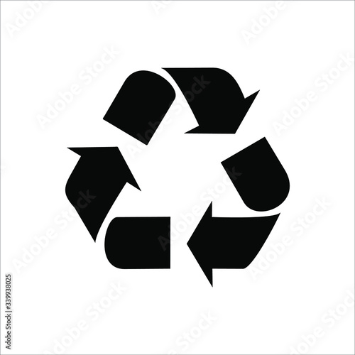 Recycle sign isolated on white background. Three black arrows circulate. Management of waste materials that are garbage and pass through the transformation process, especially the melting process.