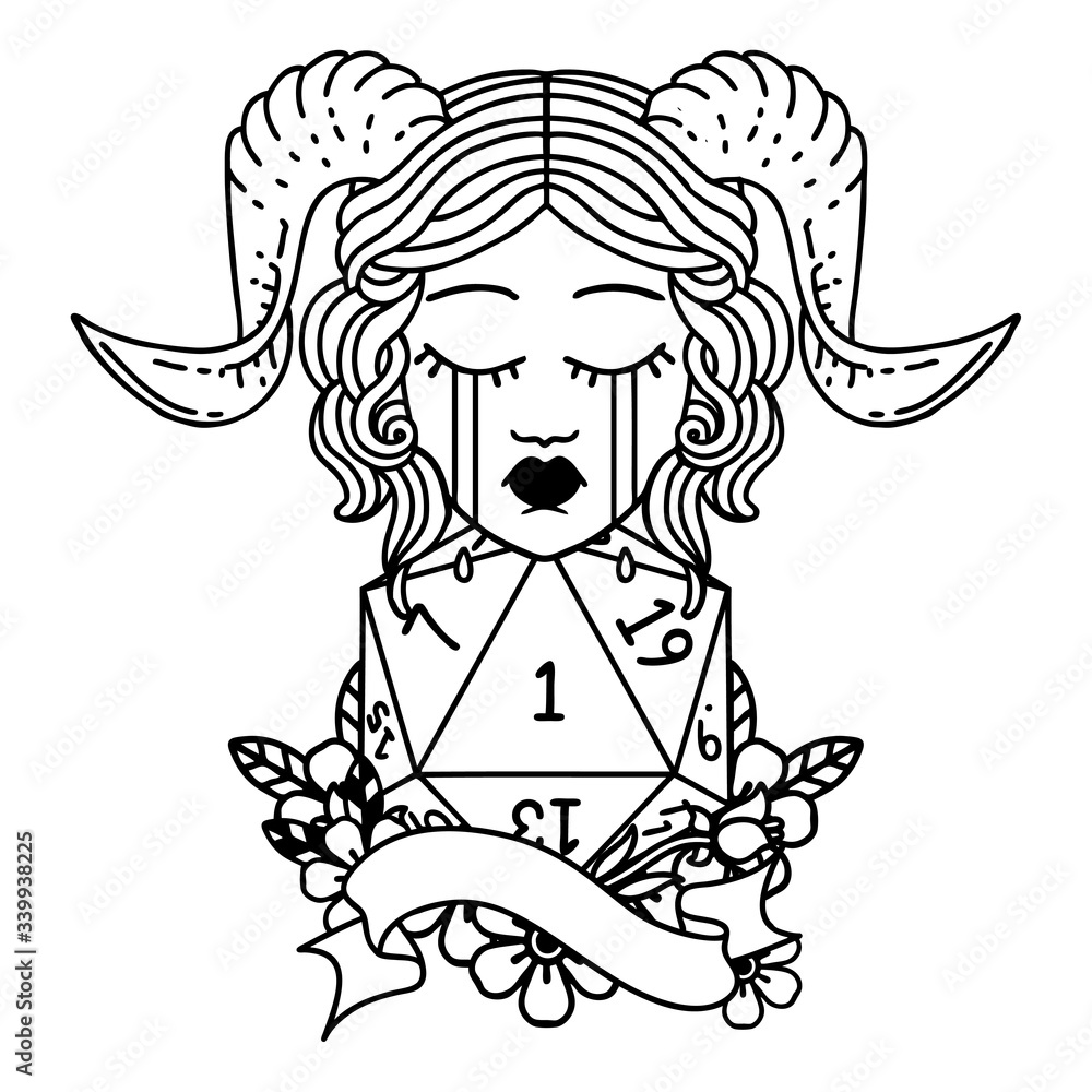 crying tiefling with natural one D20 roll illustration crying tiefling with natural one D20 roll illustration
