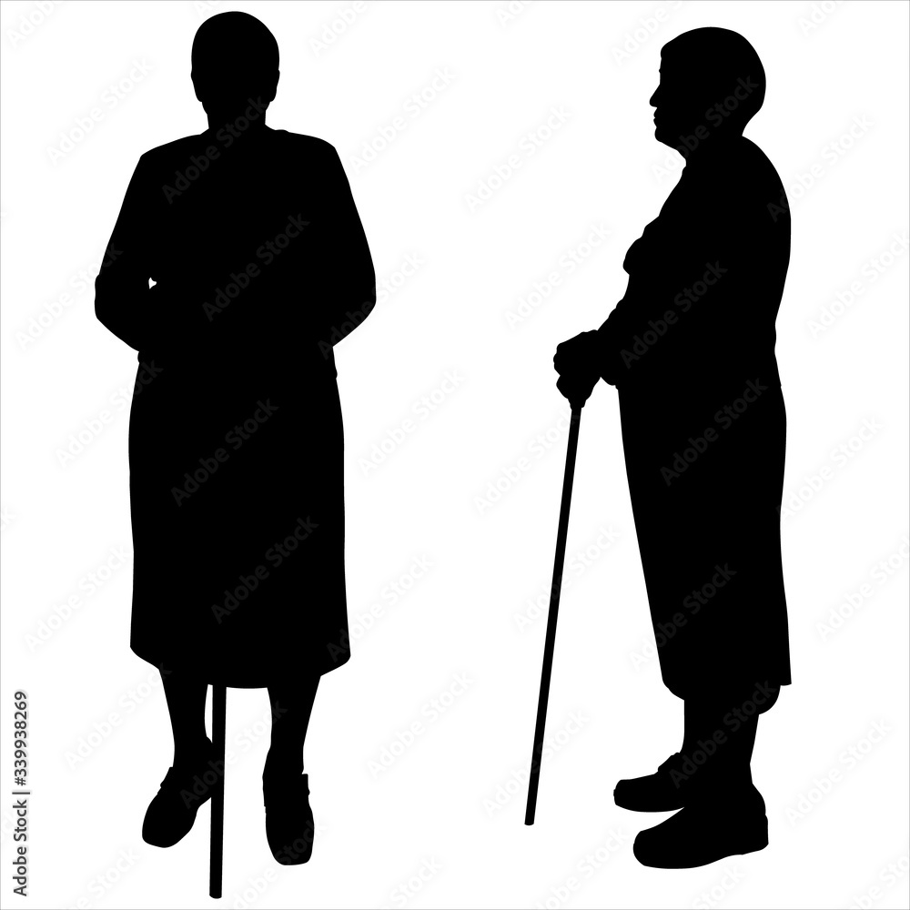 Retired. Vector illustration female silhouette, senior citizens. Two grandmothers lean their hands on sticks. Black silhouette isolated on a white background. Side view: profile, front view: full face Retired. Vector illustration female silhouette, senior citizens. Two grandmothers lean their hands on sticks. Black silhouette isolated on a white background. Side view: profile, front view: full face