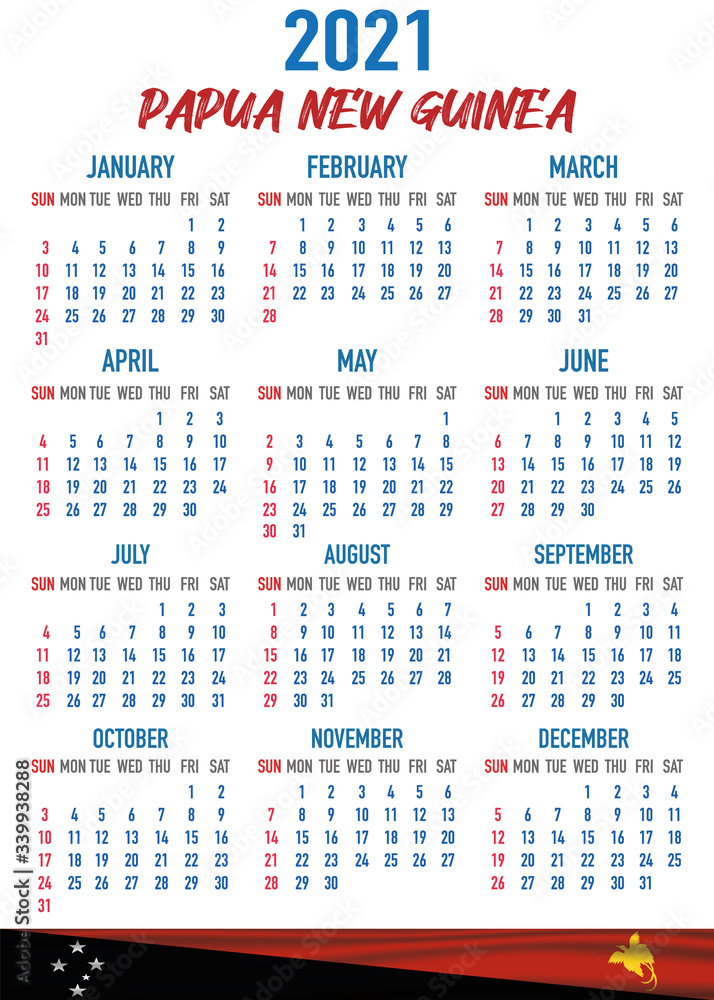 Papua New Guinea Calendar with flag. Month, day, week. Simply flat design. Vector illustration background for desktop, business, reminder, planner Papua New Guinea Calendar with flag. Month, day, week. Simply flat design. Vector illustration background for desktop, business, reminder, planner