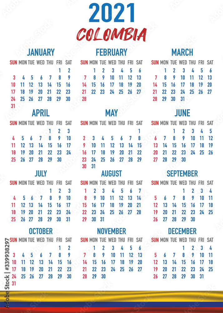 Colombia Calendar with flag. Month, day, week. Simply flat design. Vector illustration background for desktop, business, reminder, planner Colombia Calendar with flag. Month, day, week. Simply flat design. Vector illustration background for desktop, business, reminder, planner