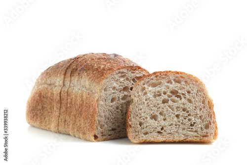 Whole grain sandwich bread slices on white background.