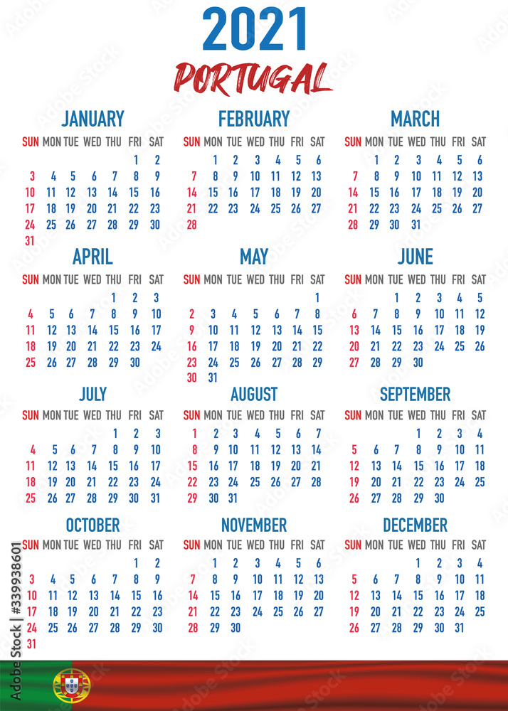 Portugal Calendar with flag. Month, day, week. Simply flat design. Vector illustration background for desktop, business, reminder, planner Portugal Calendar with flag. Month, day, week. Simply flat design. Vector illustration background for desktop, business, reminder, planner