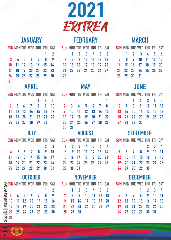 Eritrea Calendar with flag. Month, day, week. Simply flat design. Vector illustration background for desktop, business, reminder, planner Eritrea Calendar with flag. Month, day, week. Simply flat design. Vector illustration background for desktop, business, reminder, planner
