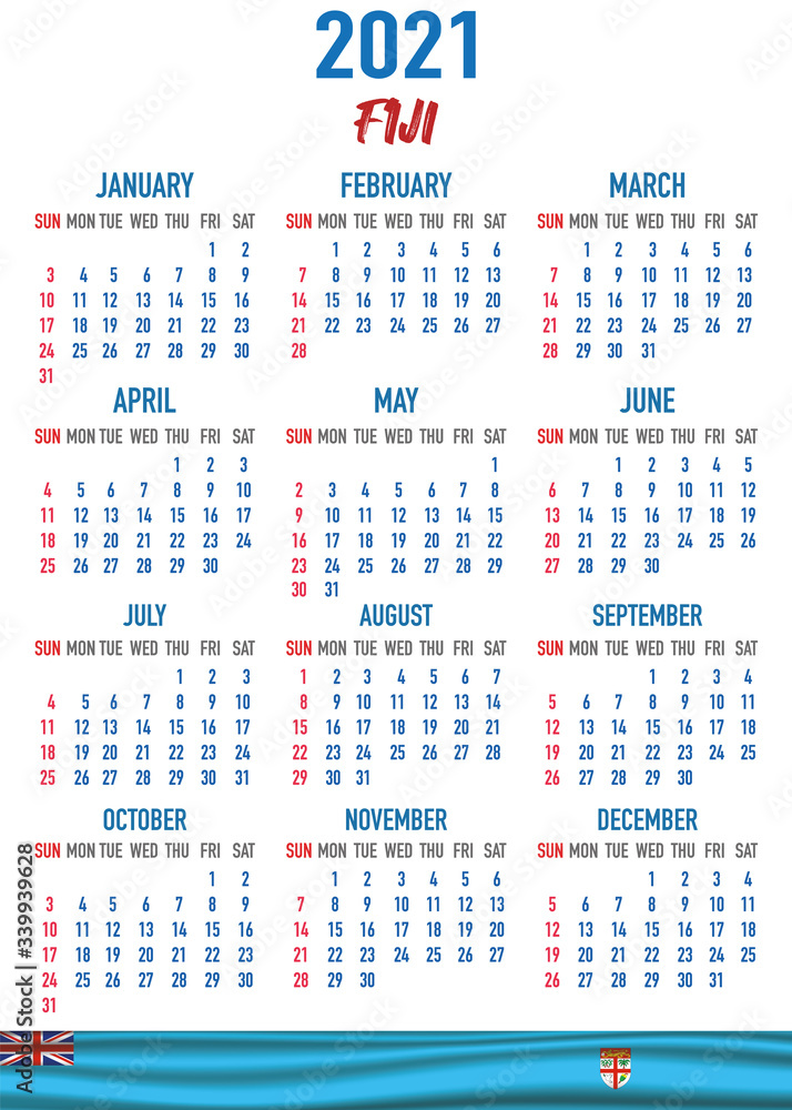 Fiji Calendar with flag. Month, day, week. Simply flat design. Vector illustration background for desktop, business, reminder, planner Fiji Calendar with flag. Month, day, week. Simply flat design. Vector illustration background for desktop, business, reminder, planner