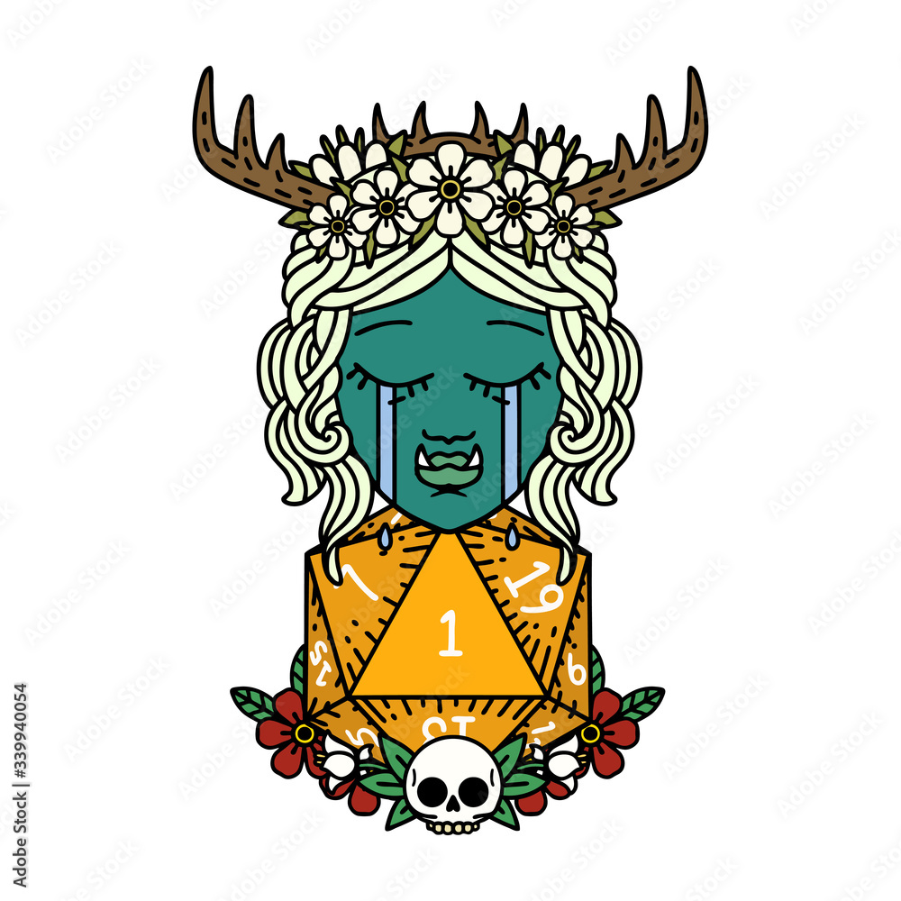 sad half orc druid character with natural one dice roll illustration sad half orc druid character with natural one dice roll illustration
