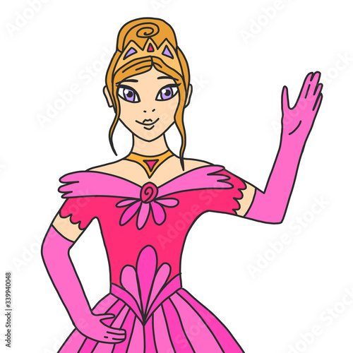The blonde portrait princess in a crown and a pink luxurious dress welcomes her subjects. The queen waves her hand. The daughter of the king and queen. Vector illustration in cartoon style