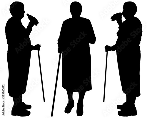 Vector illustration three silhouettes of older women with walking sticks. Senior women stand in a semicircle, look at each other. Thirst. After a walk, tourists drink bottled water. Rest after a walk.