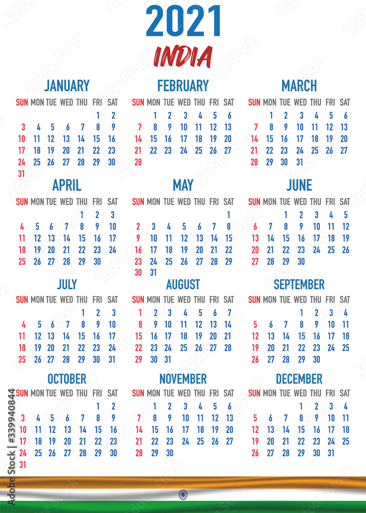India Calendar with flag. Month, day, week. Simply flat design. Vector illustration background for desktop, business, reminder, planner