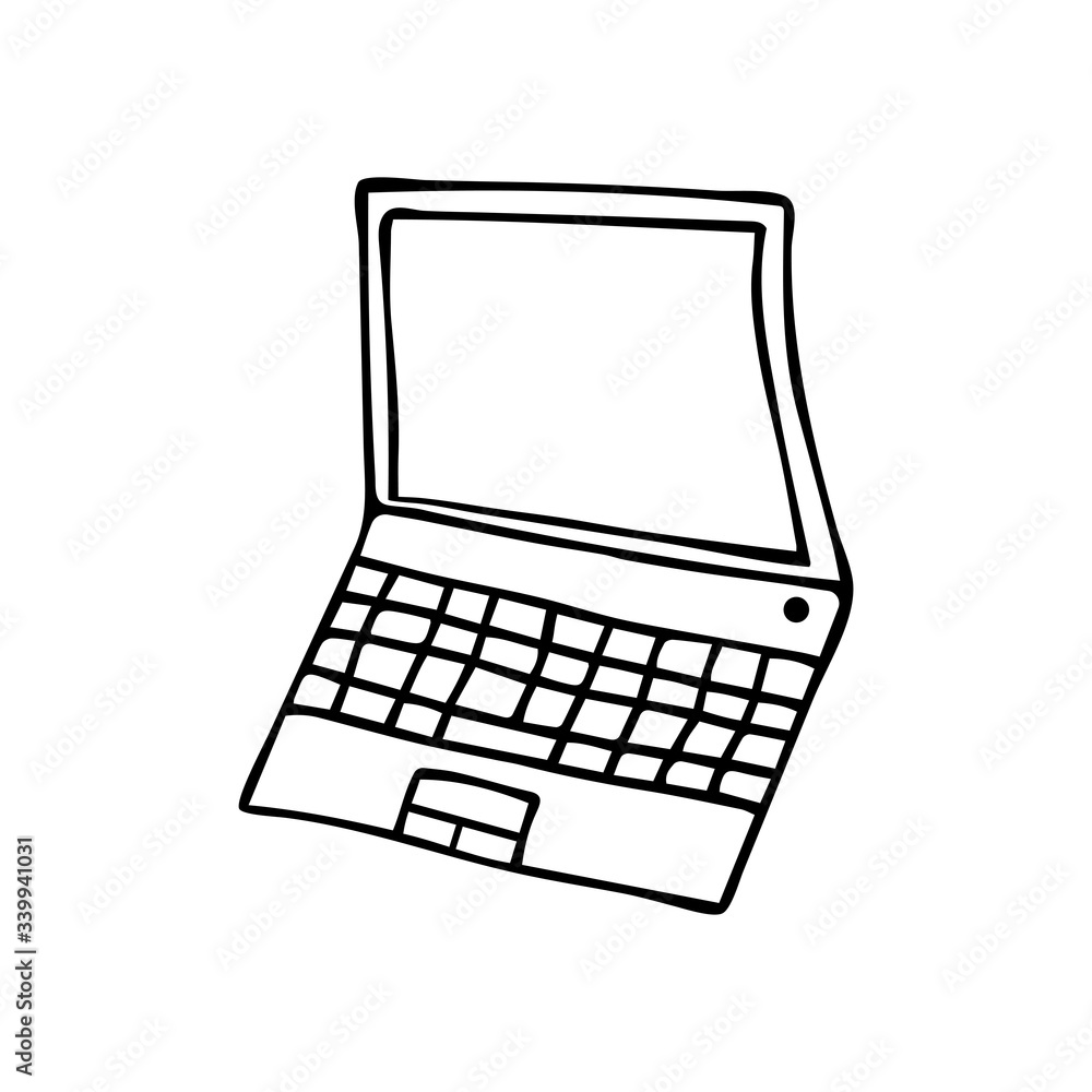 Open laptop. Black and white doodle style illustration vector. Single device Open laptop. Black and white doodle style illustration vector. Single device