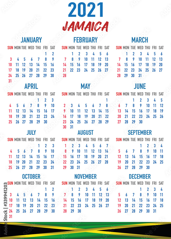 Jamaica Calendar with flag. Month, day, week. Simply flat design. Vector illustration background for desktop, business, reminder, planner Jamaica Calendar with flag. Month, day, week. Simply flat design. Vector illustration background for desktop, business, reminder, planner