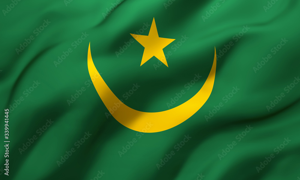 Flag of Mauritania blowing in the wind. Full page Mauritanian flying flag. 3D illustration. Flag of Mauritania blowing in the wind. Full page Mauritanian flying flag. 3D illustration.