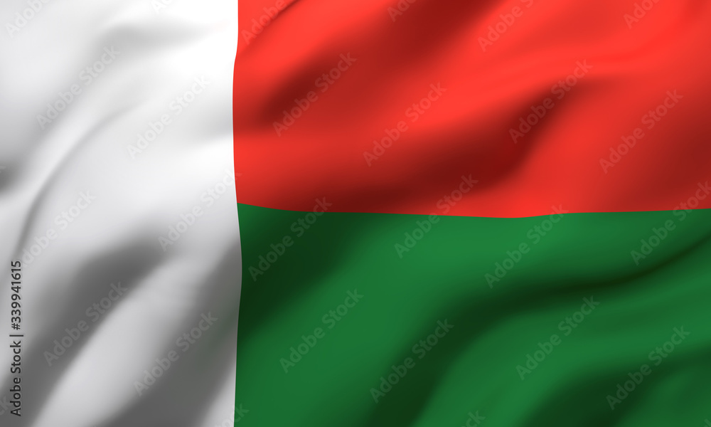 Flag of Madagascar blowing in the wind. Full page Malagasy flying flag. 3D illustration.