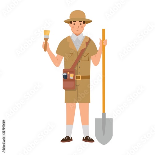 Cartoon archaeologist with a shovel and a tassel, character for children. Flat vector illustration