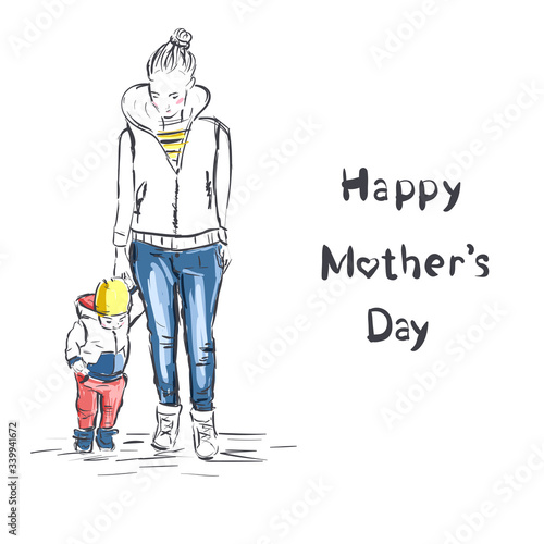 Beautiful mother silhouette with her baby. Card of Happy Mothers Day