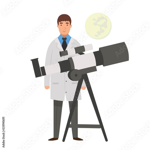 Cartoon astronomer with telescope and moon, character for children. Flat vector illustration