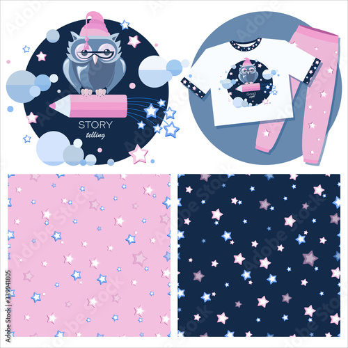 Owl. Goodnight! Emblem, vector background for children's textiles, pajamas, t-shirts. Set for girls. Evening tale. Owl, pencil, book. Night story. Tell your story. Seamless patterns