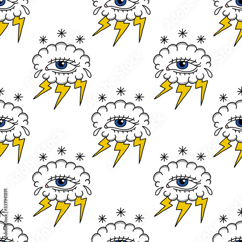 cloud with eye illustration traditional tattoo flash seamless doodle pattern