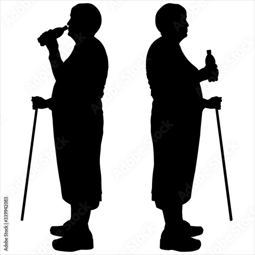Vector illustration two silhouettes of older women with walking sticks and bottles for a drink. Elderly seniors stand with their backs to each other. Thirst. After a walk, tourists drink bottled water