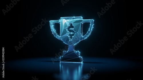 3d rendering wireframe neon glowing symbol of cup award on black background with reflection