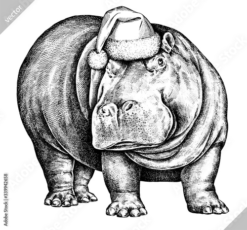 black and white engrave isolated hippo illustration