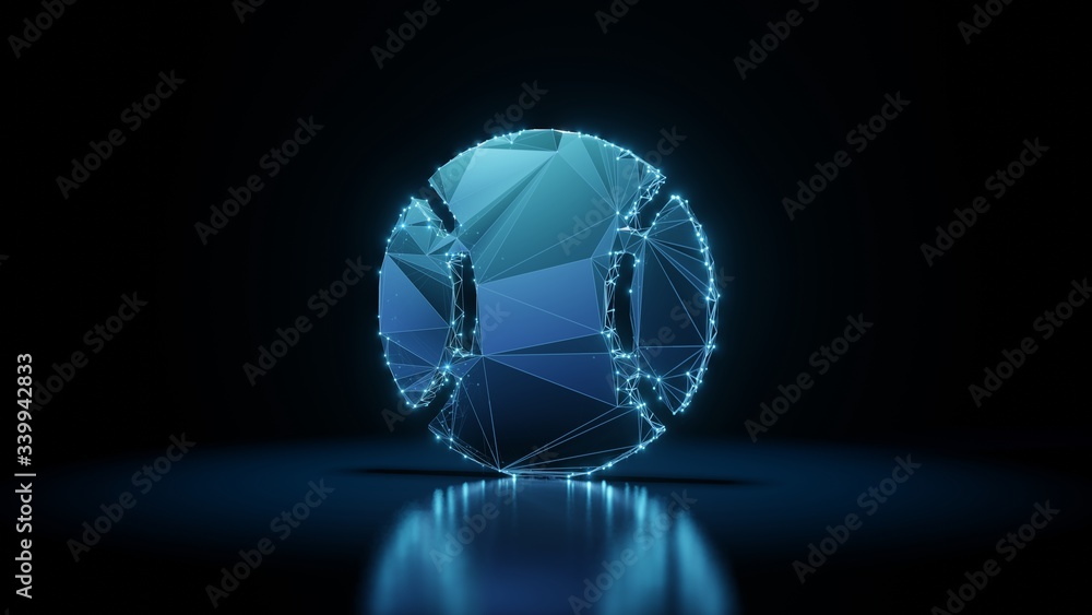 3d rendering wireframe neon glowing symbol of baseball ball on black background with reflection