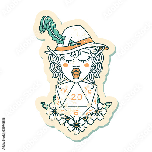 elf bard character with natural twenty dice roll illustration
