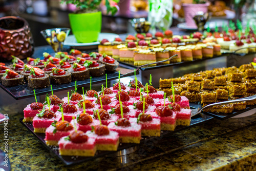 Traditional Turkish sweets at the open buffet in a hotel in Turkey