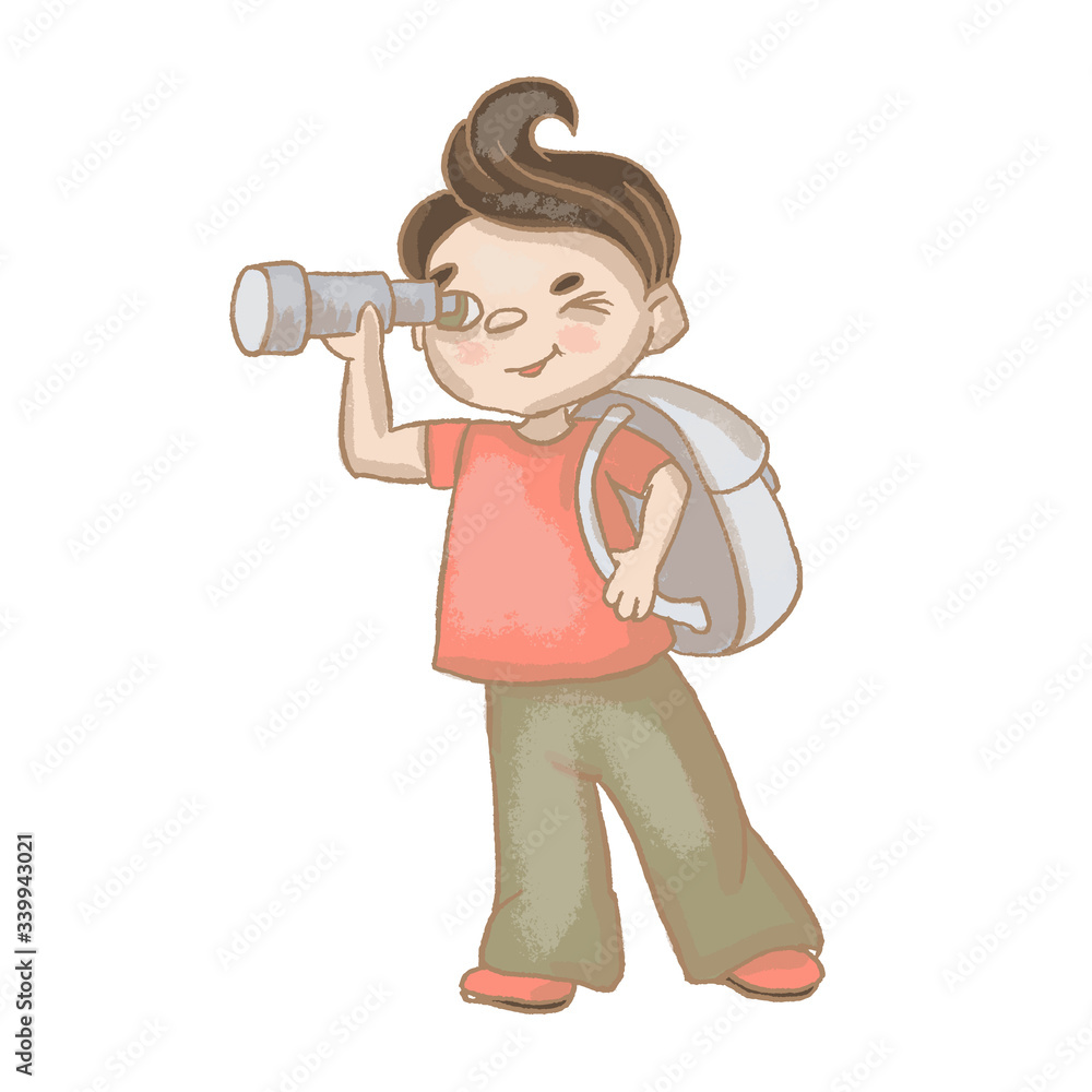 Naklejka premium SPYGLASS BOY Brave Traveler Temper Cartoon Hand Drawn Vector Illustration Set for Print Fabric and Design