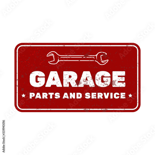 Garage vintage rusty metal sign, car repair service plate, garage door plaque