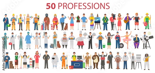 50 professions. Big set of professions in cartoon flat style for children. International Workers' Day, Labour Day