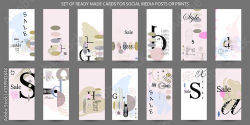 Stock set of vector backgrounds of geometric elements. Modern set of creative cards or posters with lines and dots, letters and convenient compositions