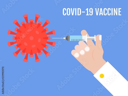 Hand injecting coronavirus with syringe vector illustration