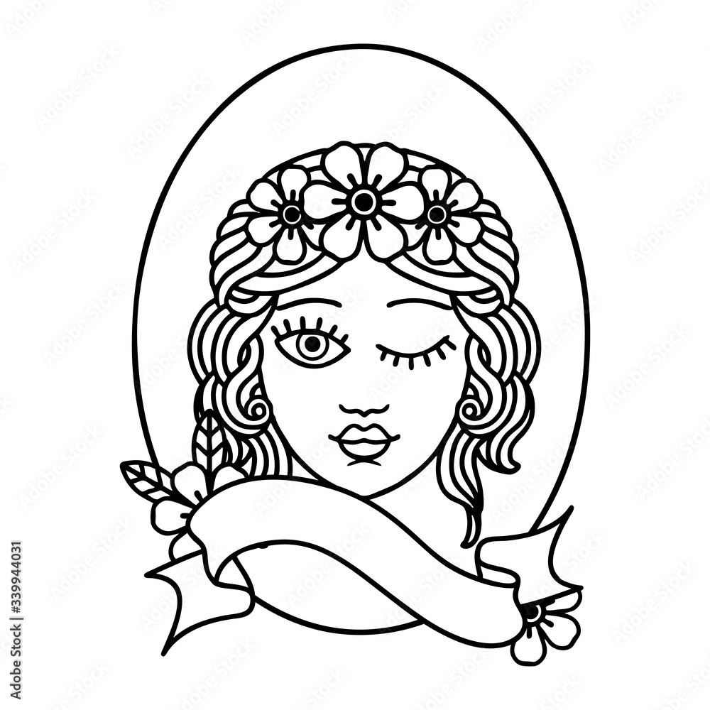 black linework tattoo with banner of a maiden with crown of flowers winking black linework tattoo with banner of a maiden with crown of flowers winking
