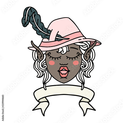 singing elf bard character face with banner illustration