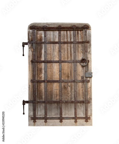 Old wooden closed door isolated on white background.