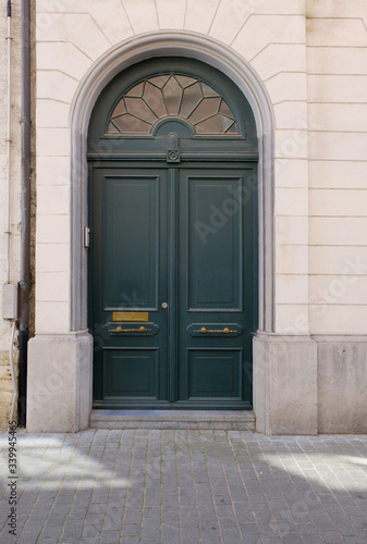 Green old textured wood door at Brussels, Belgium