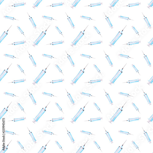 Watercolor syringe seamless pattern on white background.Hand-drawn mrdical object endless print for your design. Wallpaper.