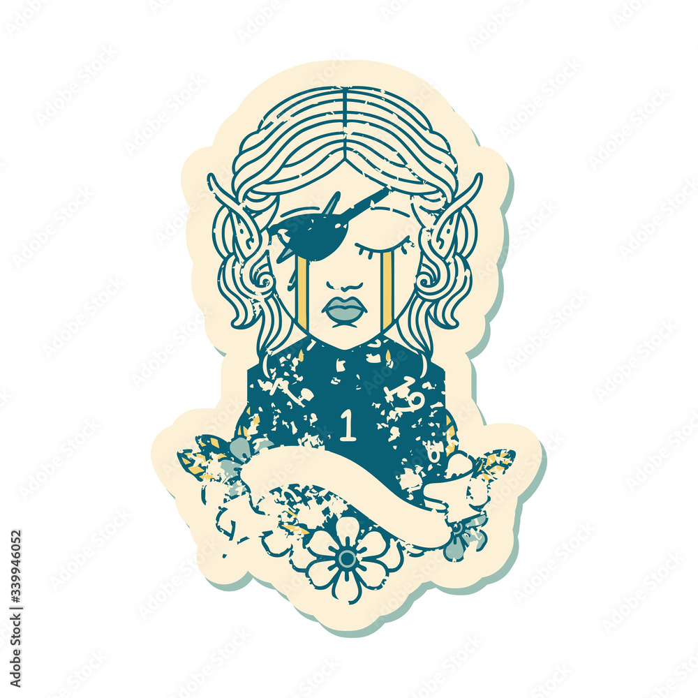 crying elf rogue character face with natural one D20 roll illustration crying elf rogue character face with natural one D20 roll illustration