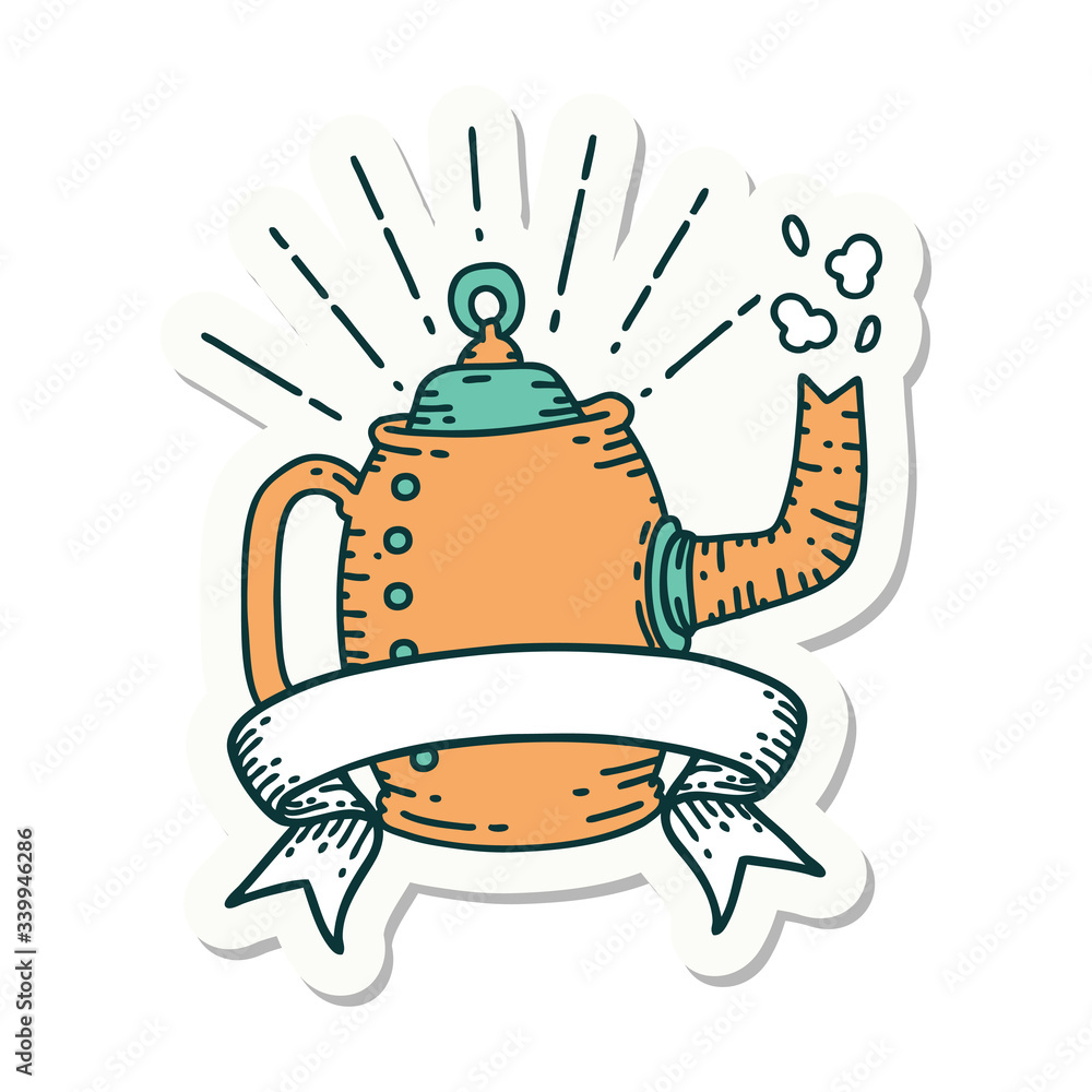 sticker of tattoo style old coffee pot steaming sticker of tattoo style old coffee pot steaming