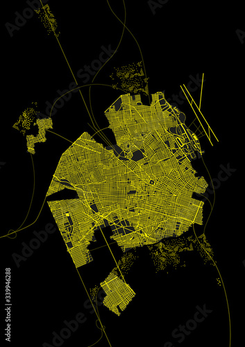 Aerial satelital satellite view of a city at night with its streets, avenues and city lights. Detailed vector illustration. 