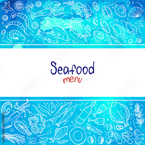 Doodle seafood on blue watercolor background. Vector illustration. Perfect for dessert menu or food package design. photo