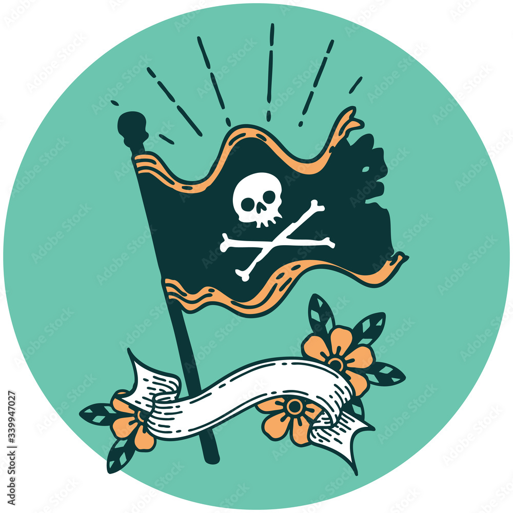 icon of tattoo style waving pirate flag icon of tattoo style waving pirate flag